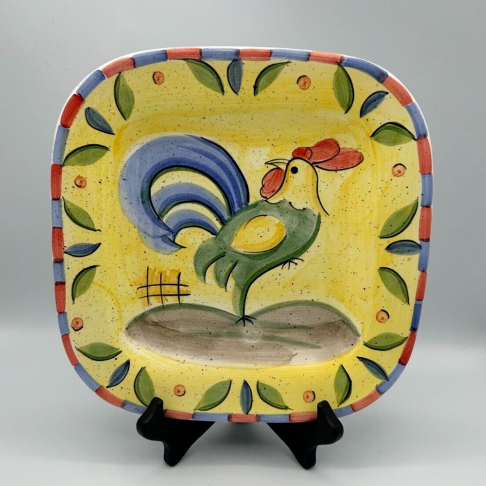 Bella Ceramica Square Salad Plate 9 in. Rooster Collection Art Yellow